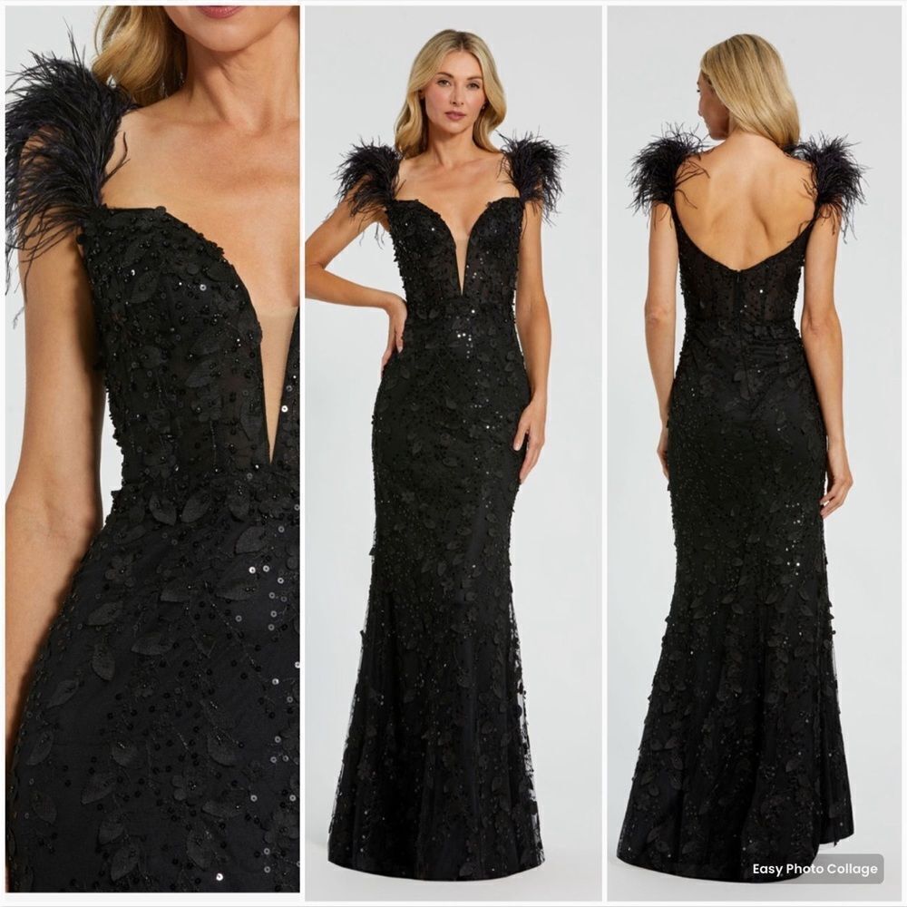 MAC DUGGAL 20889 Womens Black Sheer Applique Bustier Gown  with Feather Straps